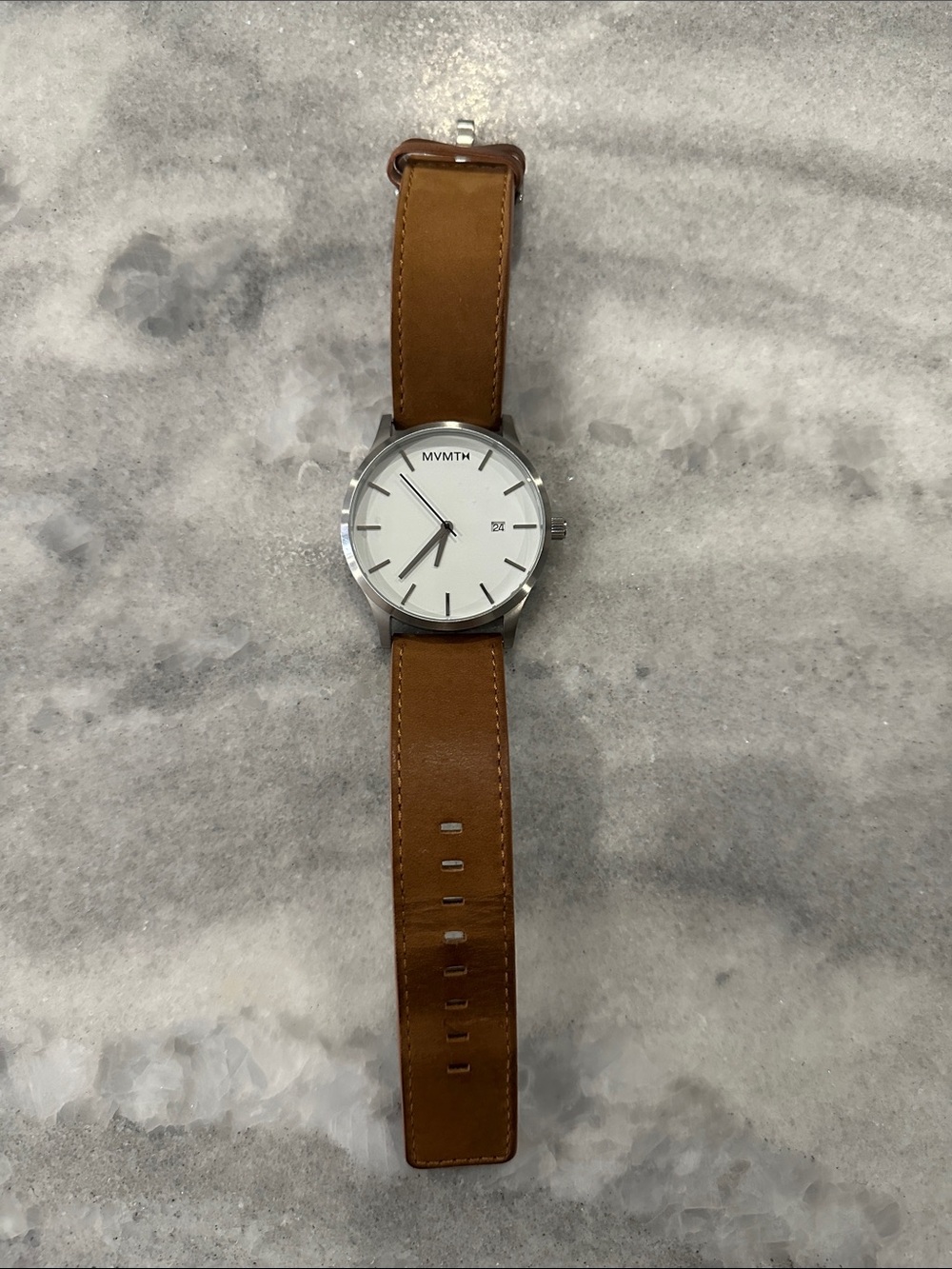 MVMT Classic Silver Case Watch with White Dial and Tan Leather Strap